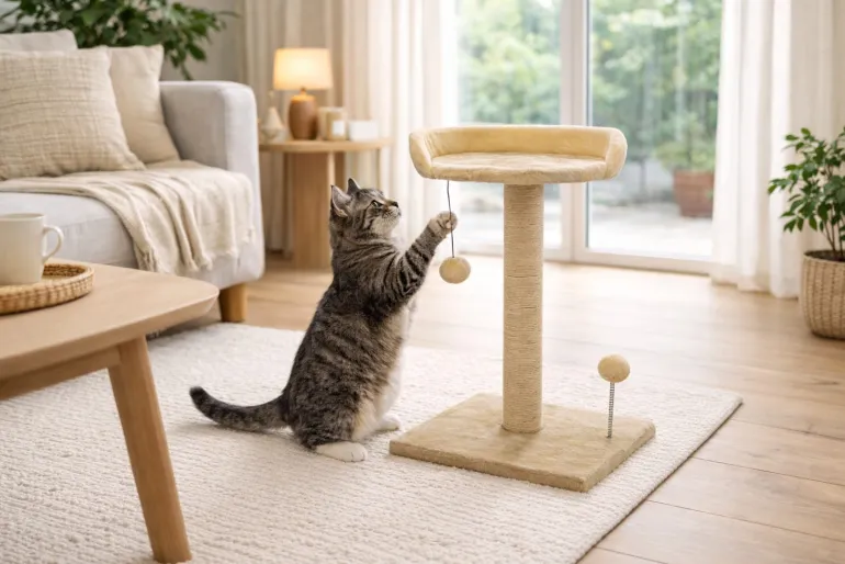 Arbre à chat griffoir avec plateforme & jouet Beige