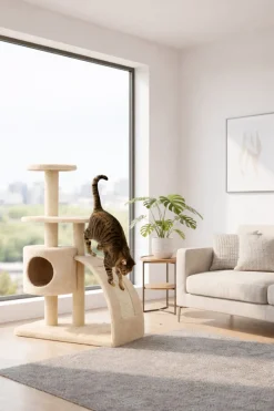 Arbre à chat griffoir avec refuge et 2 plateformes Écru