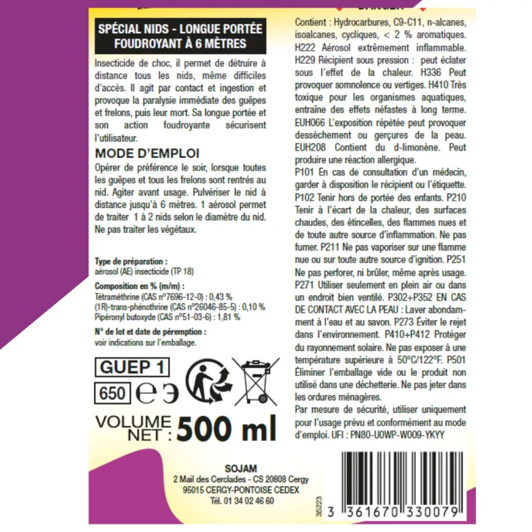 Aérosol nids de guêpes-frelons longue portée 500 ml