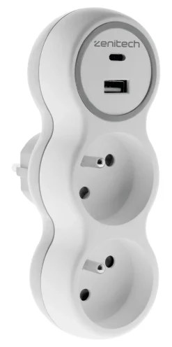 Biplite 16A + chargeurs USB A+C blanc/gris bolea