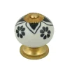 Bouton 40 mm en céramique blanc motif noir laitonné x2