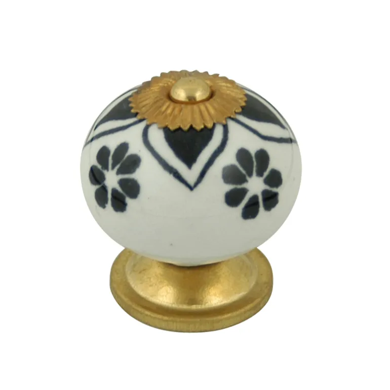 Bouton 40 mm en céramique blanc motif noir laitonné x2