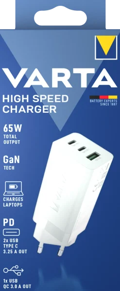 Chargeur rapide 65W USB C x2 + USB A VARTA