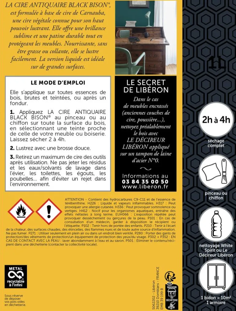 Cire antiquaire Black Bison liquide chêne clair 1,2L LIBÉRON