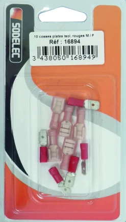 Cosse plate mâle et femelle isolée rouge 6,3x0,8mm (x10)