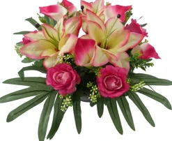Coupe funéraire de roses et de lys H 25 Ø 40 cm