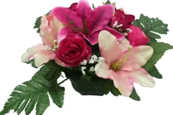 Coupe funéraire de roses et de lys H 18 Ø 32 cm