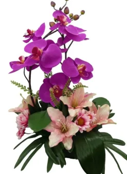 Coupe funéraire d'orchidées et de lys H 46 Ø 35 cm