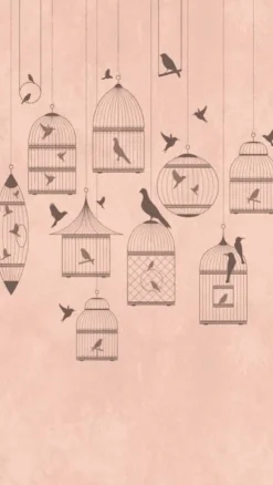 Décor panoramique cages oiseaux rose AS CREATION