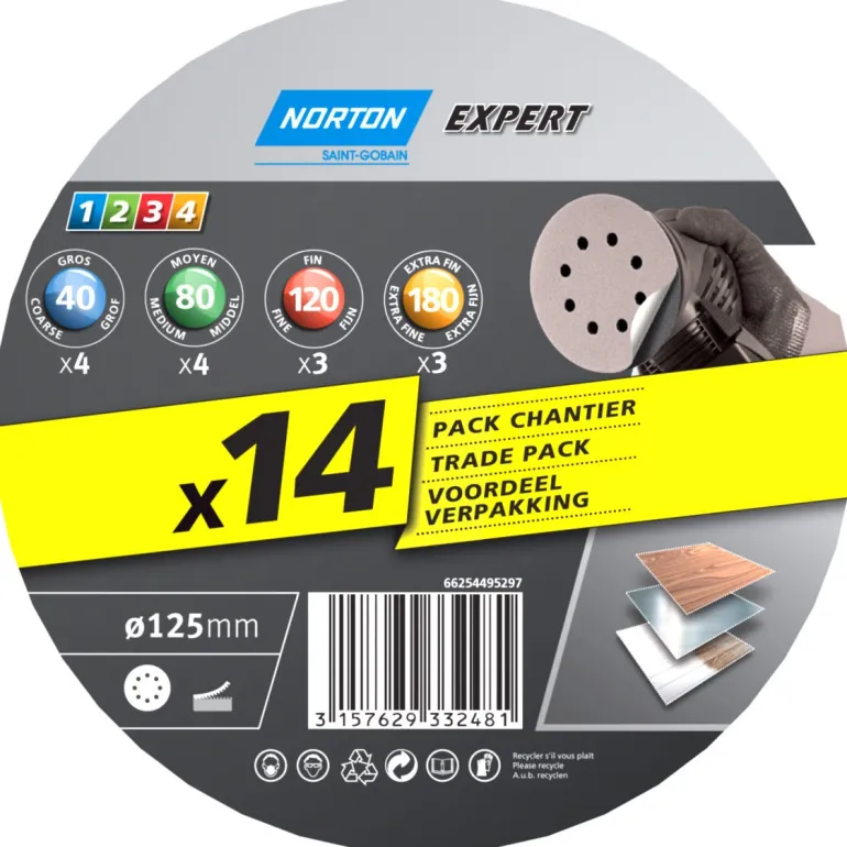 Disques Ø125 Selfgrip, 8 trous, grain assorti NORTON EXPERT