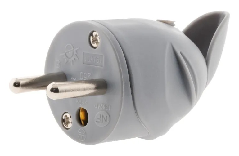Fiche mâle latérale 2 pôles + terre gris NF