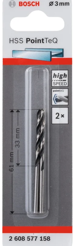 2 forets hélicoïdaux 3mm métaux HSS POINTTEQ 3x33x61mm