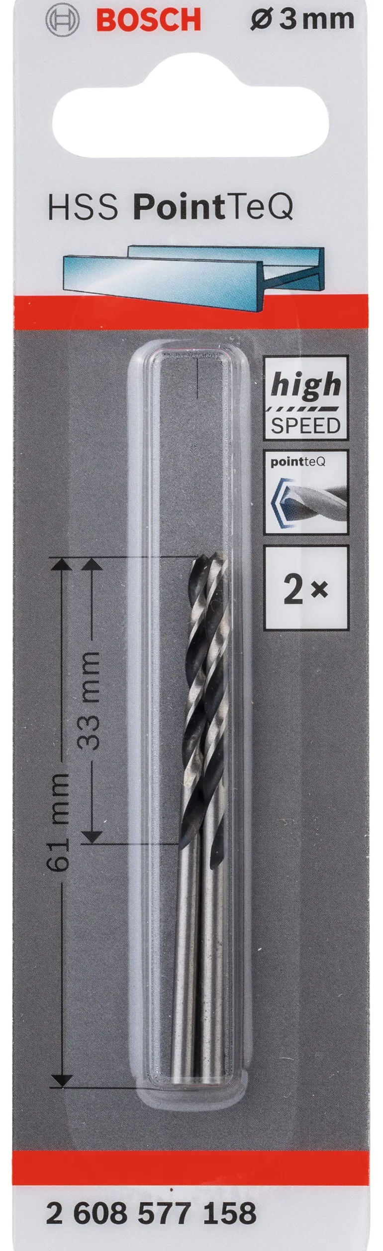 2 forets hélicoïdaux 3mm métaux HSS POINTTEQ 3x33x61mm