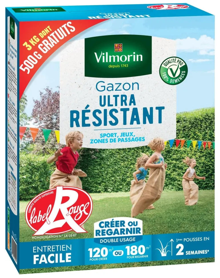 Gazon ultra résistant 3 kg dont 500 g offert VILMORIN