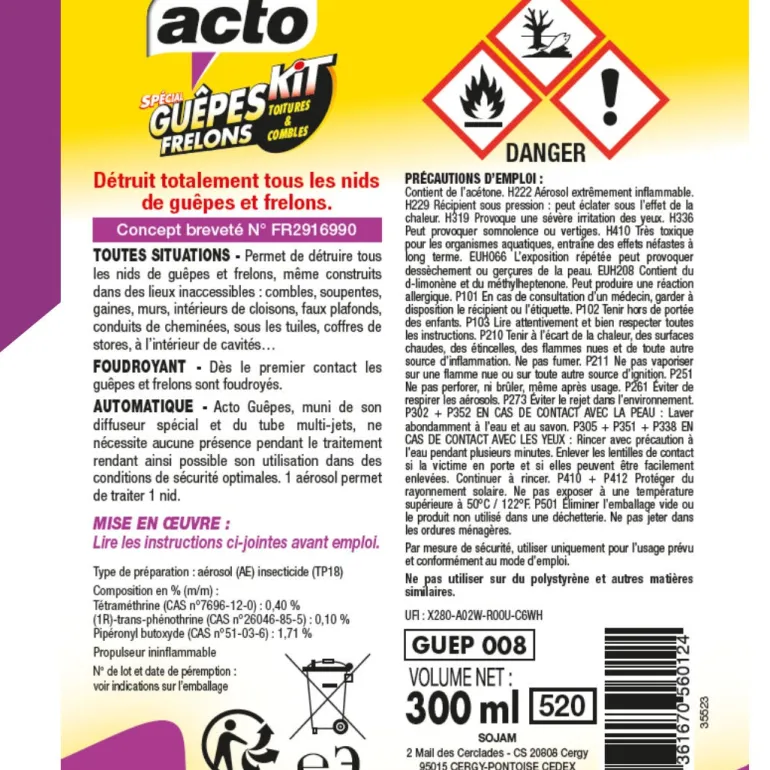 Kit aérosol toitures et combles nids de guêpes/frelons 300ml