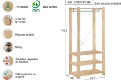Kit penderie Evolution 76,7x43x175 cm pin massif