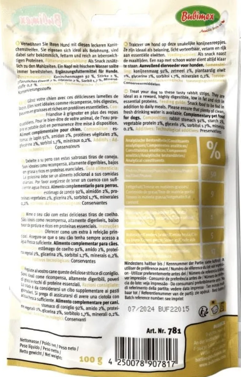 Lamelles de lapin pour chien moyen 100g BUBIMEX