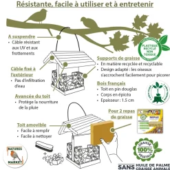 Mangeoire "Bar à graisse" en pin et métal à suspendre