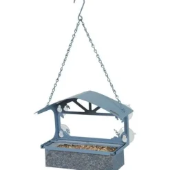 Mangeoire pour graines en métal bleue avec toit