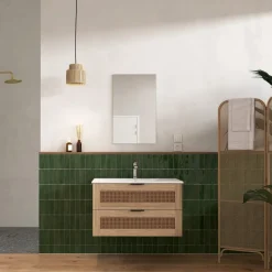 Meuble Ambroise cannage et bois 80x47cm + miroir 44x51cm