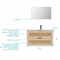 Meuble Ambroise cannage et bois 80x47cm + miroir 44x51cm