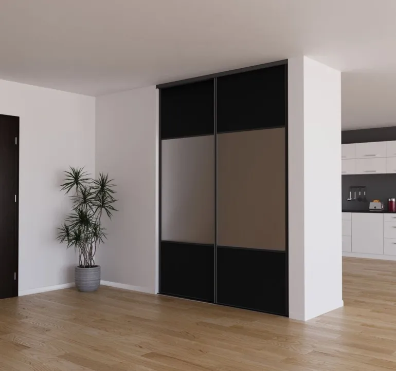 Porte de placard miroir et noir profil noir 92cm x1