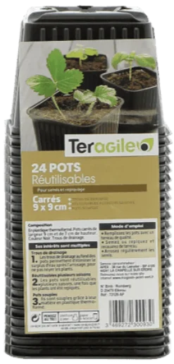 24 pots en plastique carrés de 9 cm avec drainage