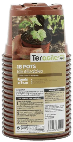 18 pots en plastique ronds de 9 cm avec drainage