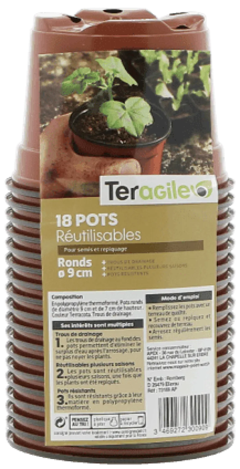 18 pots en plastique ronds de 9 cm avec drainage