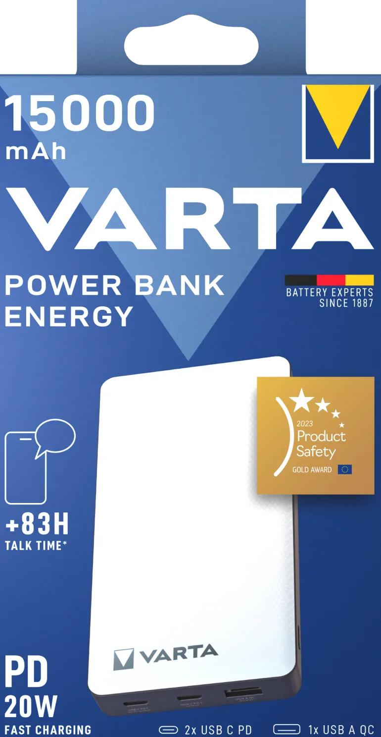 Power Bank Energy 15000mAh USB C x2 + USB A VARTA