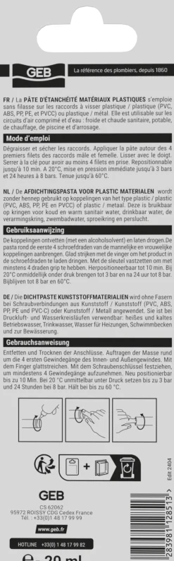 Pâte d'étanchéité pour raccords plastiques à visser 20ml