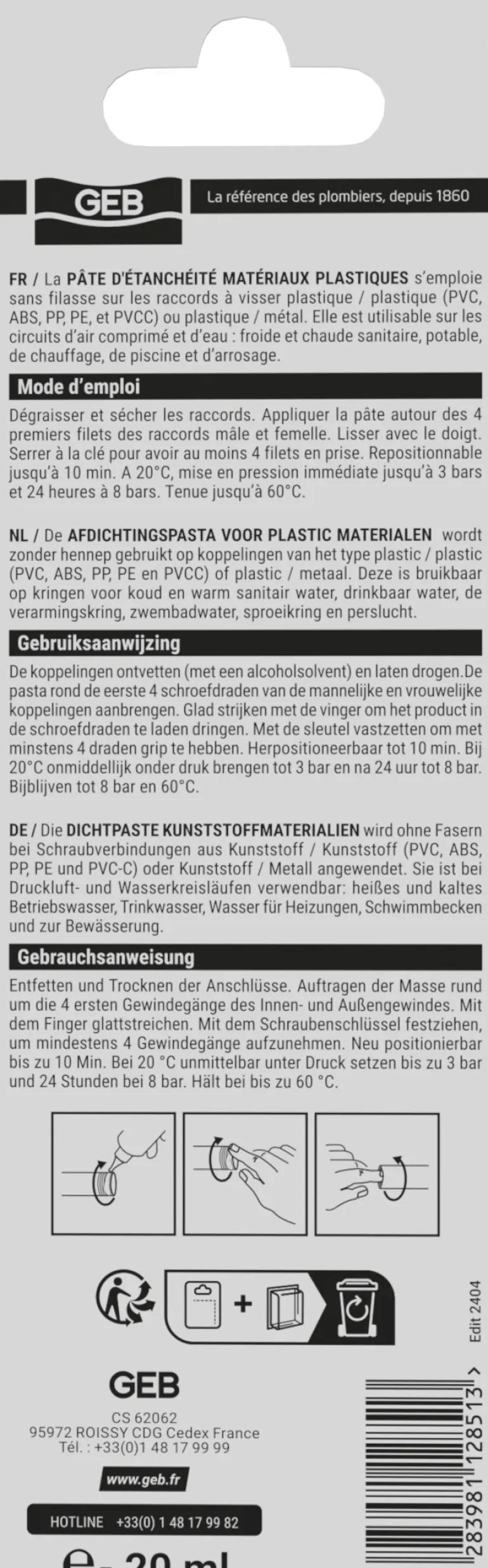 Pâte d'étanchéité pour raccords plastiques à visser 20ml
