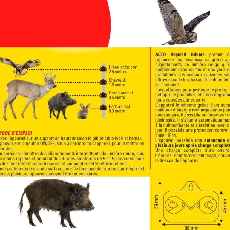Répulsif lumineux solaire gibier 50m2 ACTO