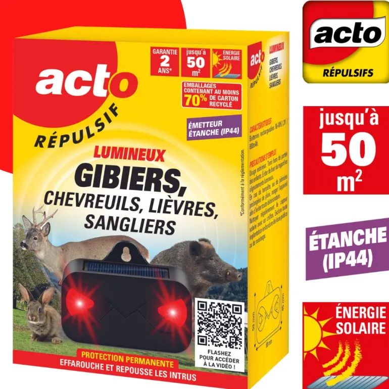 Répulsif lumineux solaire gibier 50m2 ACTO