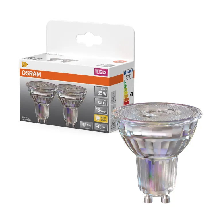 Spot PAR16 LED 36° verre 2,4W=35 GU10 chaud x2