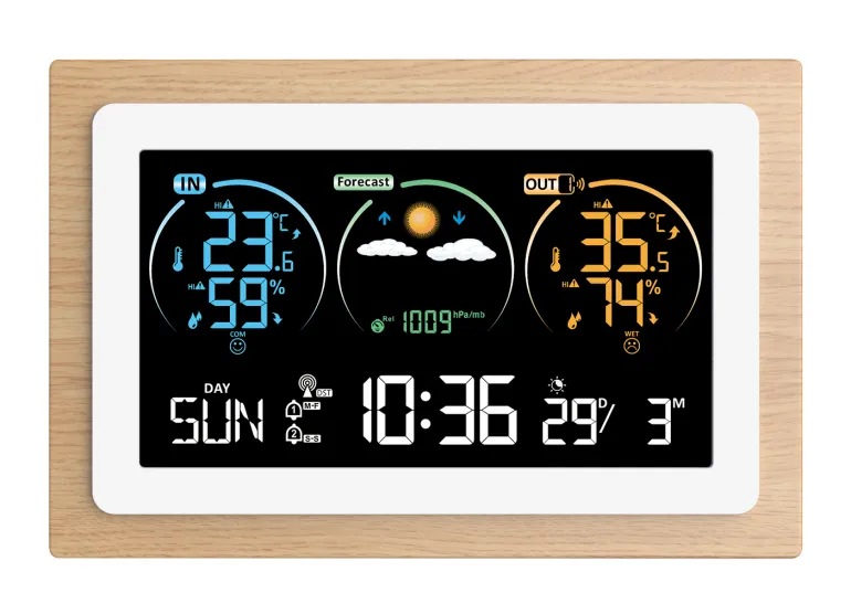 Station météo électronique avec cadre bois capteur sans fil