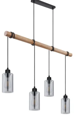 Suspension métal noir mat bois mat verre fumé 4x E27 60W