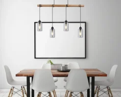 Suspension métal noir mat bois mat verre fumé 4x E27 60W