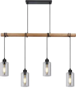 Suspension métal noir mat bois mat verre fumé 4x E27 60W