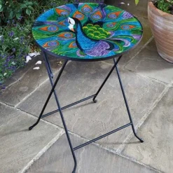Table rond en verre avec paon peint à la main Ø45x60cm