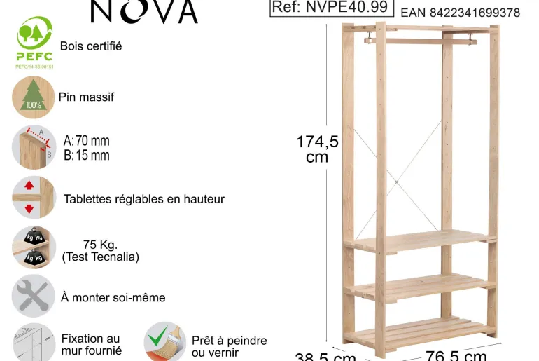 Étagère penderie Nova en pin 4 étages