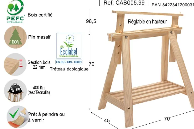 Tréteau Architec pin massif non vernis 70 à 98 cm